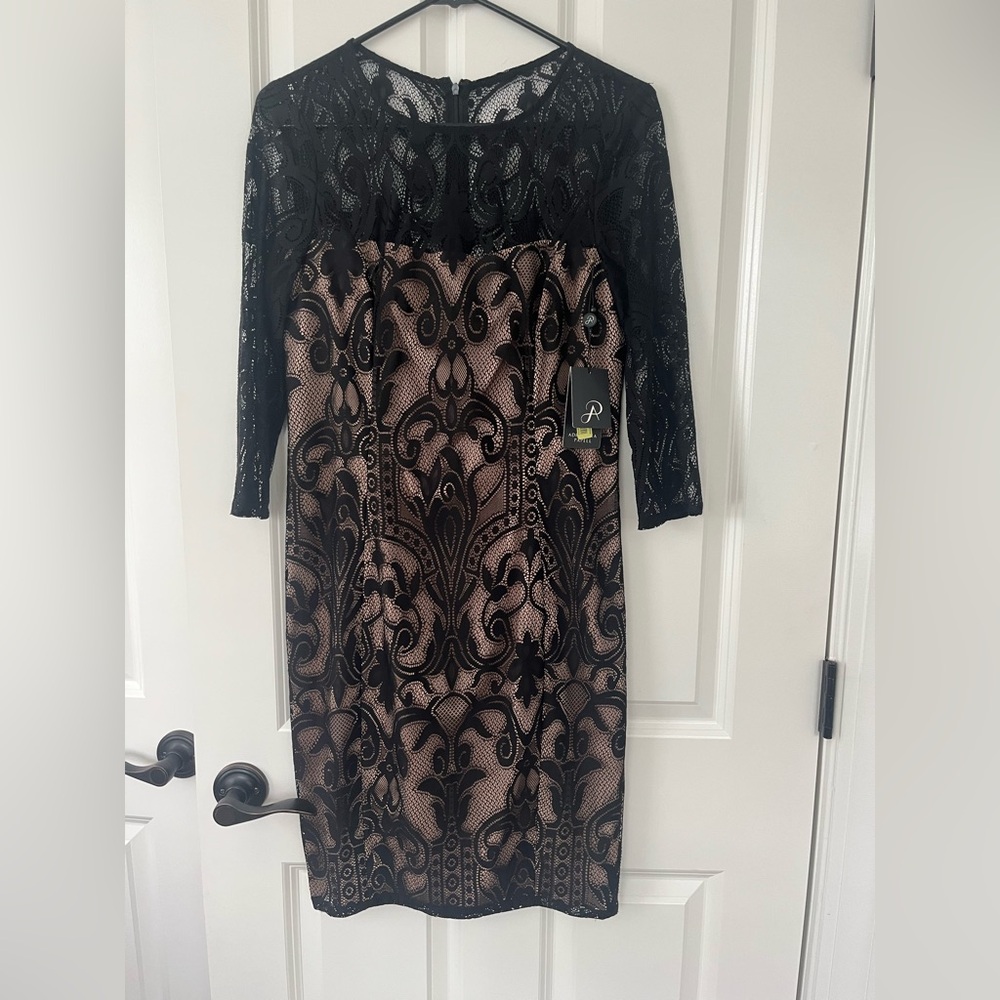 Adrianna Papell Black and Tan Sheath Lace Dress 3/4 Sleeve Cocktail